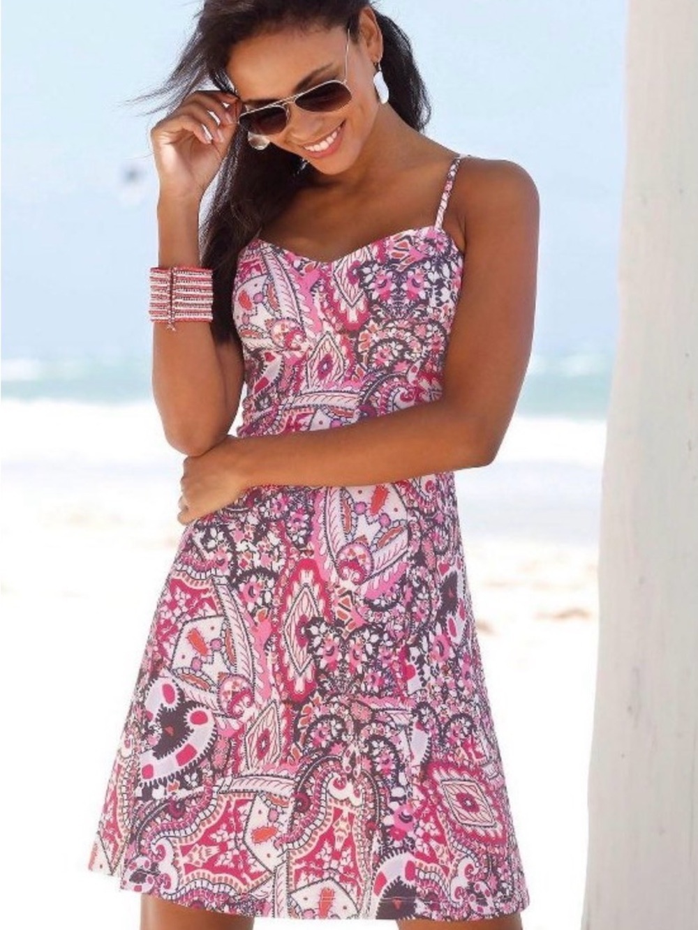 Venus Lascana Pink Paisley Summer Sundress w/ Adj Spaghetti Straps, Size L, EUC